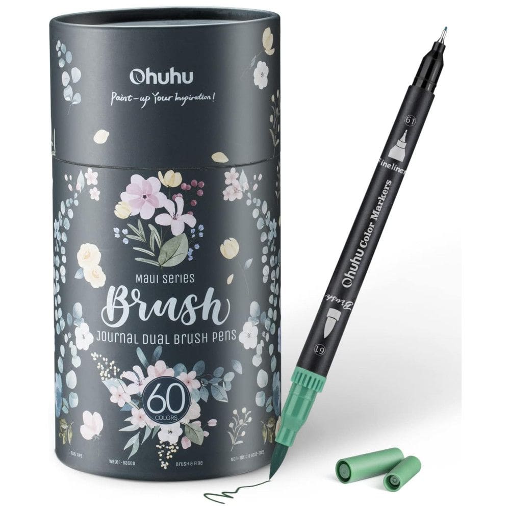 Conjunto de Canetas Artisticas 60 Cores com Pontas Duplas, Pincel Fino à Base de Água para Crianças e Adultos, Ohuhu, Preta