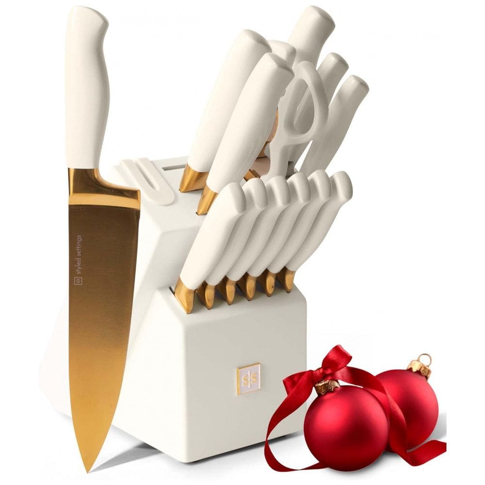 Conjunto de Facas Revestidas de Titânio com Bloco de Bancada e Afiador Embutido, 14 Peças, STYLED SETTINGS, Branco e Dourado
