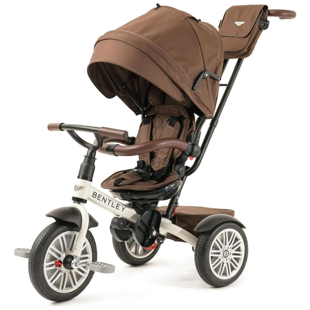 Triciclo Infantil 6 em 1, Oficialmente Projetado pela Bentley com Cobertura e Alça para os Pais, POSH BABY KIDS, Branco e Marrom