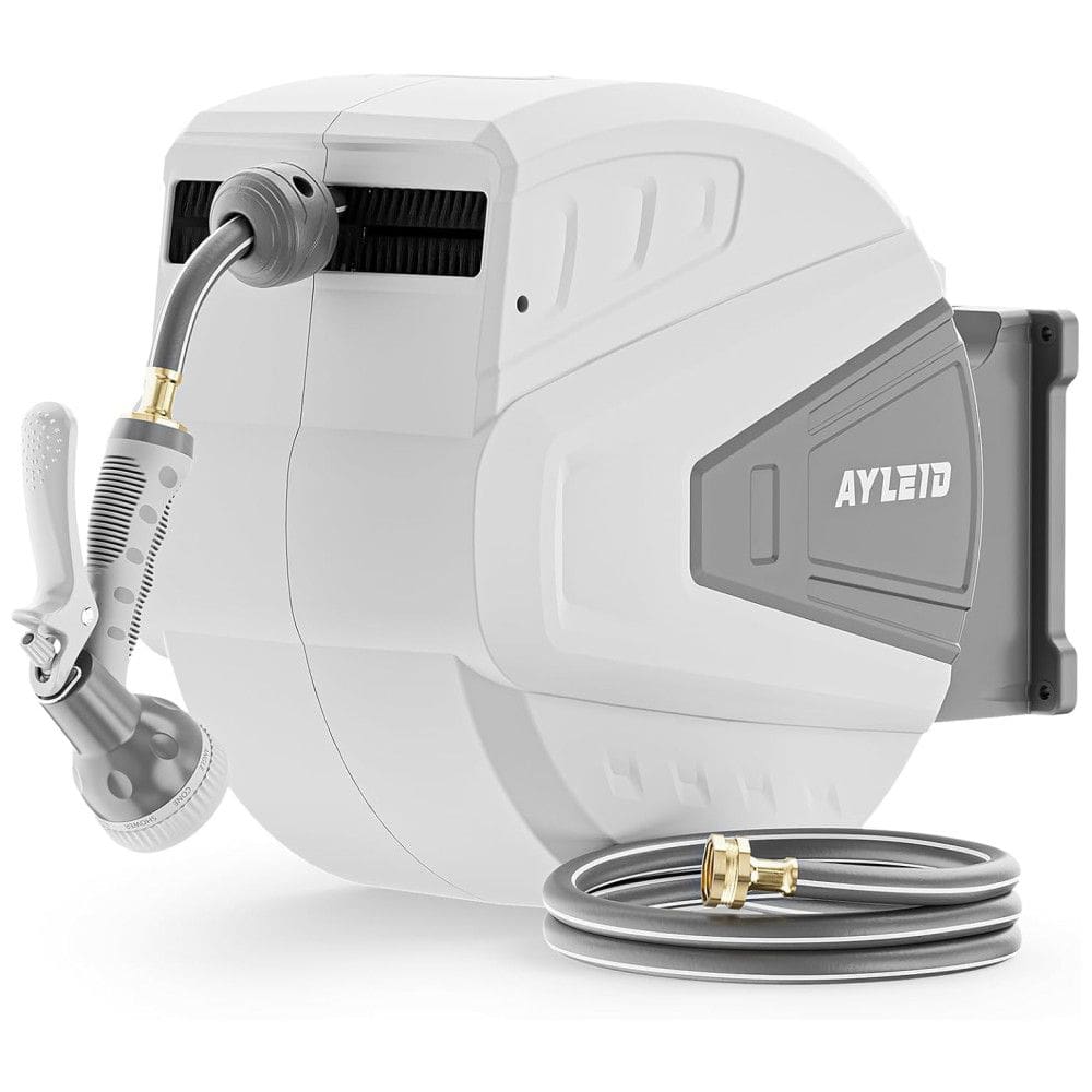 Mangueira de Jadim 30M com Enrolador Retrátil, Bico Pulverizador 9 Funções e Sistema de Retorno Lento, Ayleid, Cinza e Branco