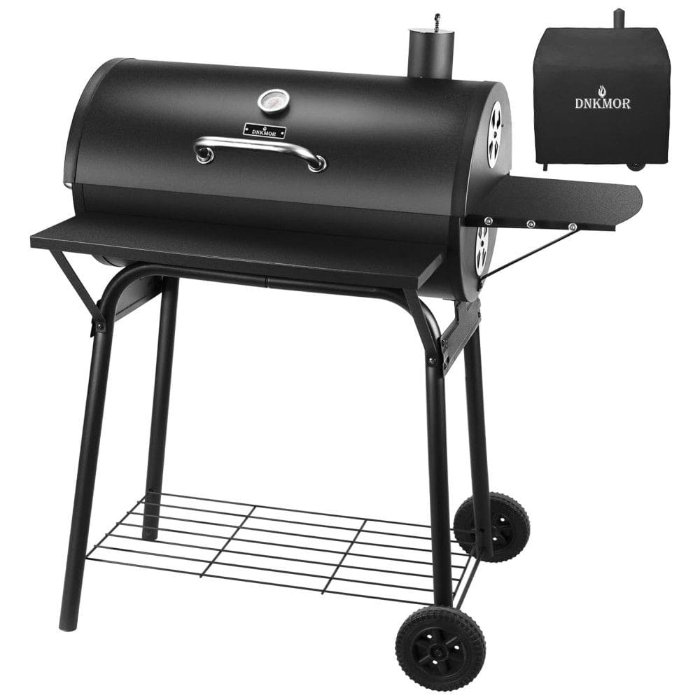 Churrasqueira a Carvão com Mesa Lateral e Rodas para Camping, Preta