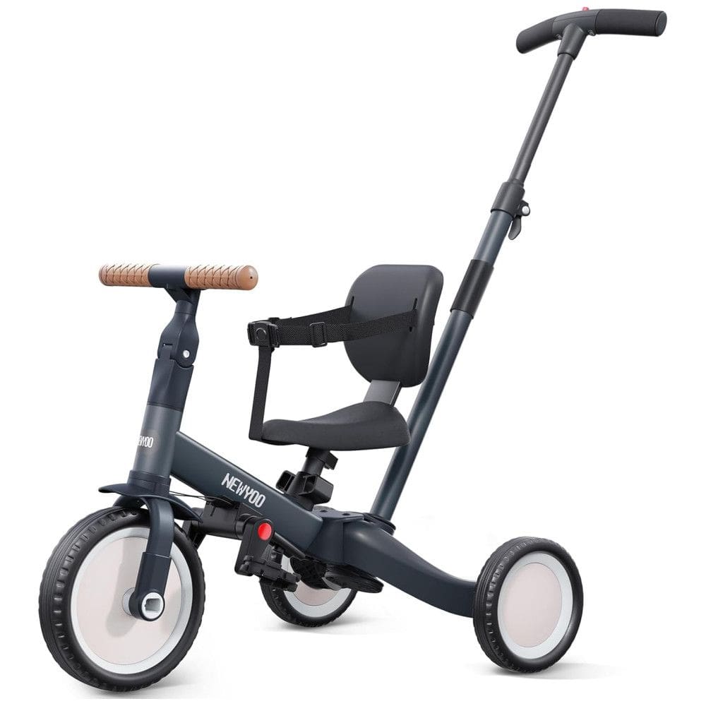 Triciclo Infantil 4 em 1 com Alça de Direção dos Pais e Pedais Removíveis para Crianças de 1 a 4 Anos, Newyoo TR007, Cinza Escuro