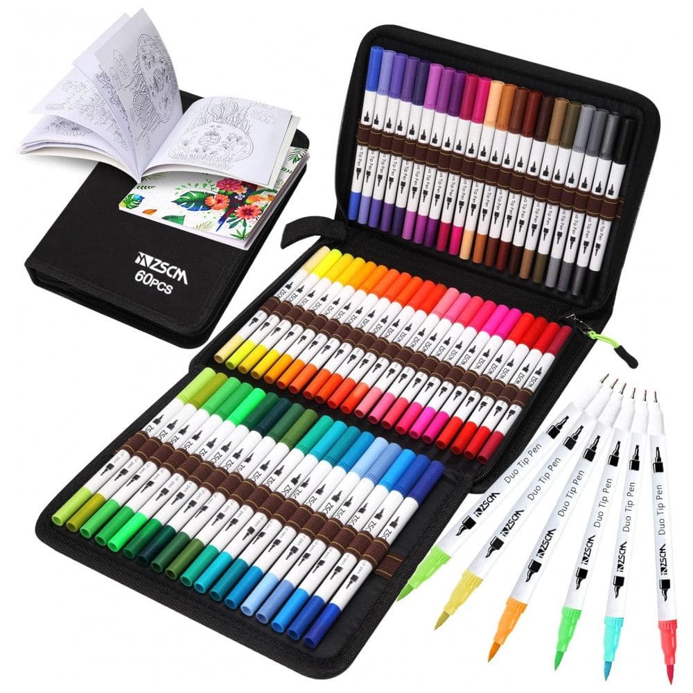 Conjunto de Canetas Artisticas 60 Cores com Pontas Duplas, Estojo e Livro para Colorir, ZSCM