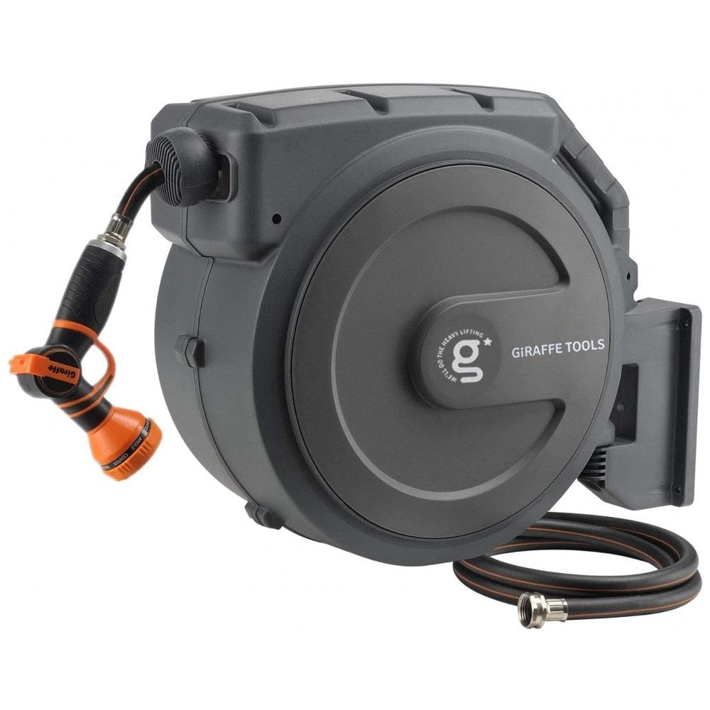 Mangueira de Jadim 39M com Enrolador Retrátil, Trava, Sistema de Retorno Lento e Suporte Giratório de 180, Giraffe Tools, Cinza Escuro