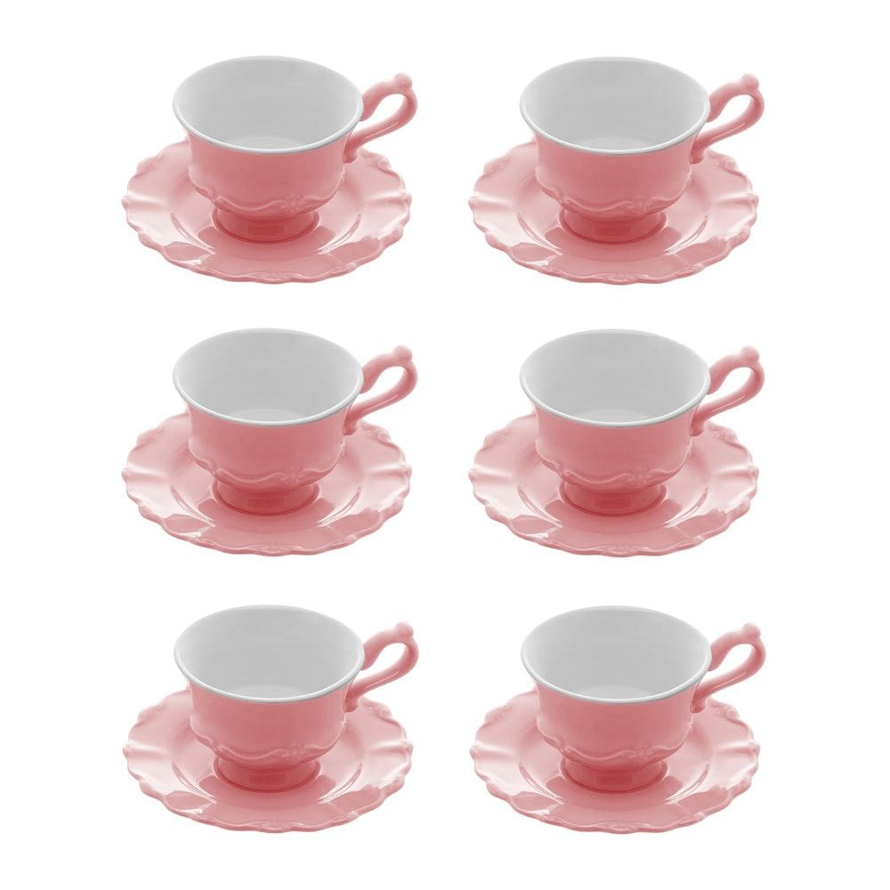 Cj 6 Xícaras P/Chá C/Pires de Porcelana Fancy Rosé 200ml Wolff