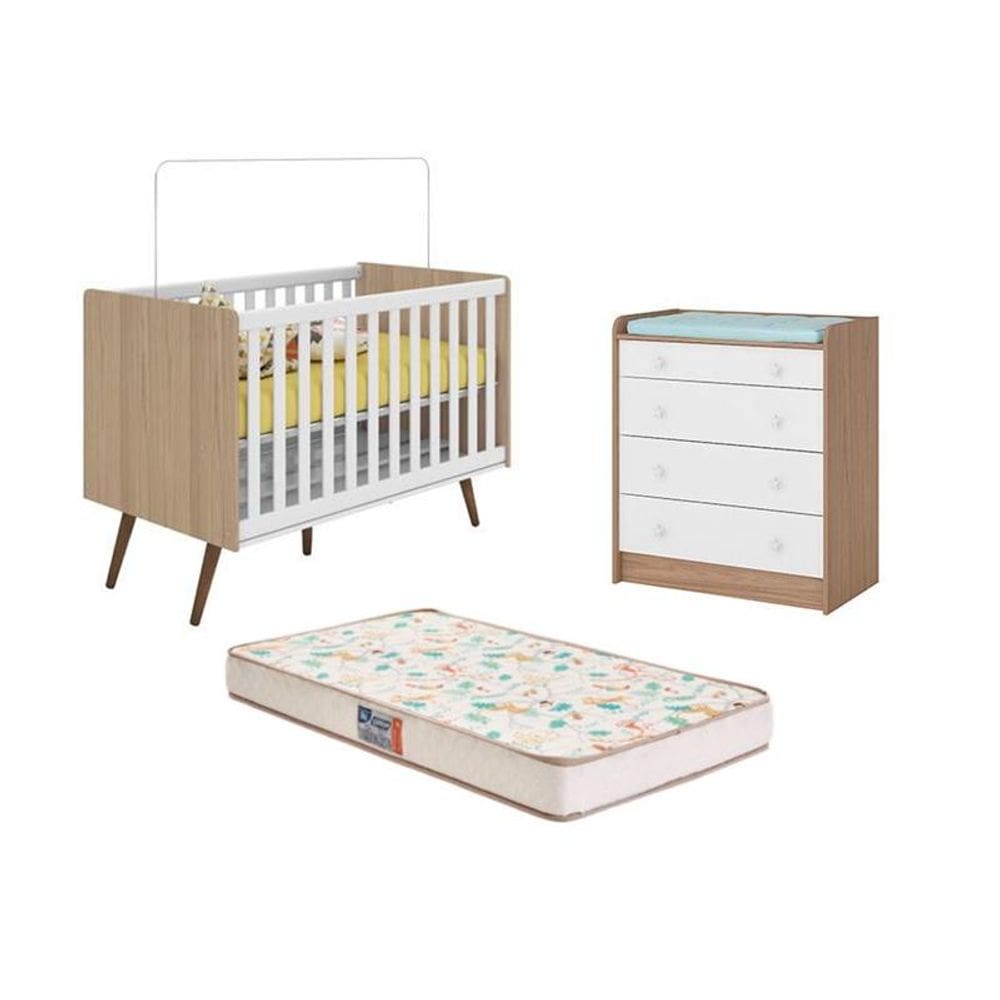 Berço Mini Cama Retro, Colchão e Cômoda Carvalho/Branco