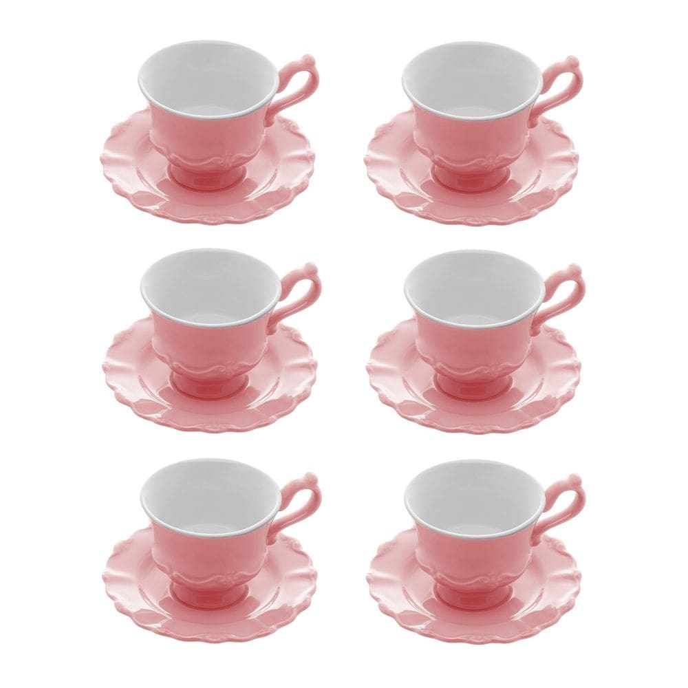 Cj 6 Xícaras P/Café C/Pires de Porcelana Fancy Rosé 90ml Wolff