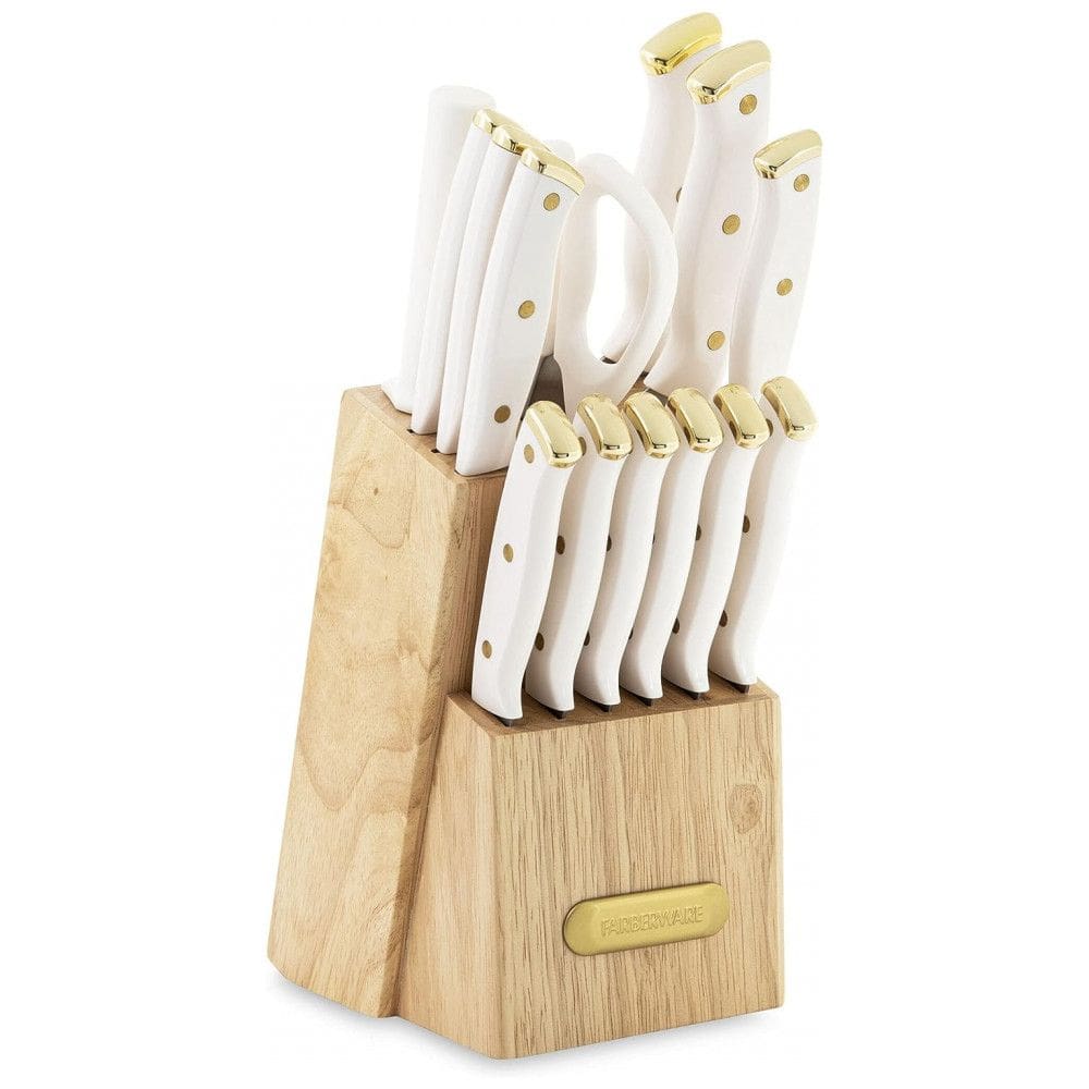 Conjunto de Facas em Aço Inoxidável com Bloco de Bancada em Madeira, 15 Peças, Farberware, Branco e Dourado