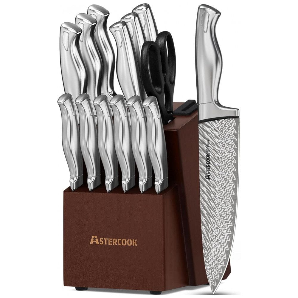Conjunto de Facas em Aço Inoxidável com Bloco de Bancada, 15 Peças, Astercook, Prata