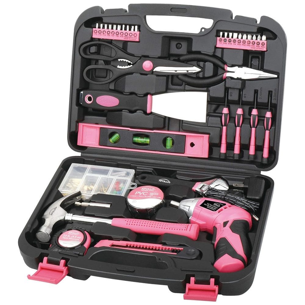 DT0773N1 Kit de Ferramentas com Maleta de Transporte e Parafusadeira, 135 Peças, 110v, APOLLO TOOLS P, Rosa