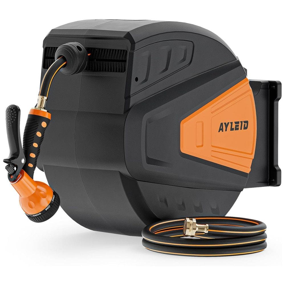 Mangueira de Jadim 30M com Enrolador Retrátil, Bico Pulverizador 9 Funções e Sistema de Retorno Lento, Ayleid, Laranja e Preto