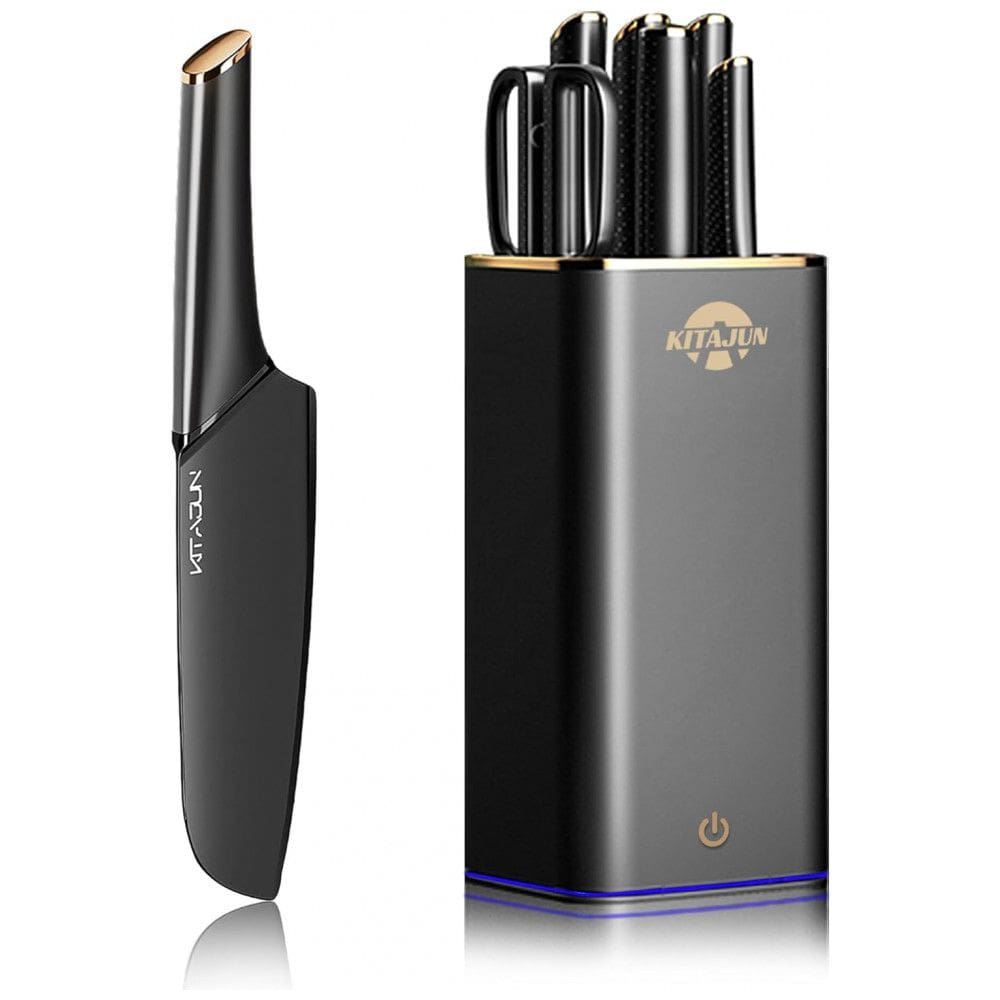 Conjunto de Facas Inteligente em Aço Inoxidável com Bloco de Bancada e Afiador Embutido, 6 Peças, ZEEKMUSS, Preto