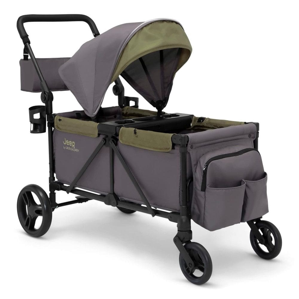 Carrinho de Passeio Vagão Duplo Multifuncional com Capota e Armazenamento, Jeep, Cinza e Verde