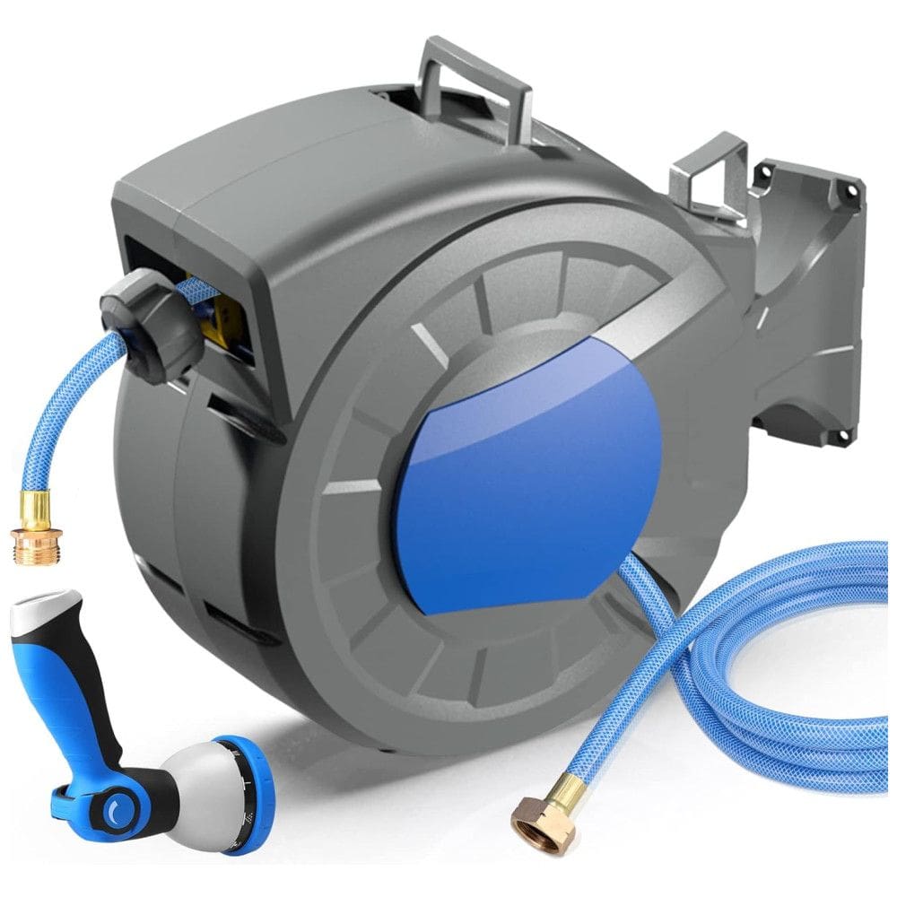 Mangueira de Jadim 30M com Enrolador Retrátil, Bico Pulverizador de 10 Padrões, Rebobinamento Lento Automático e Trava, REDUCTUS