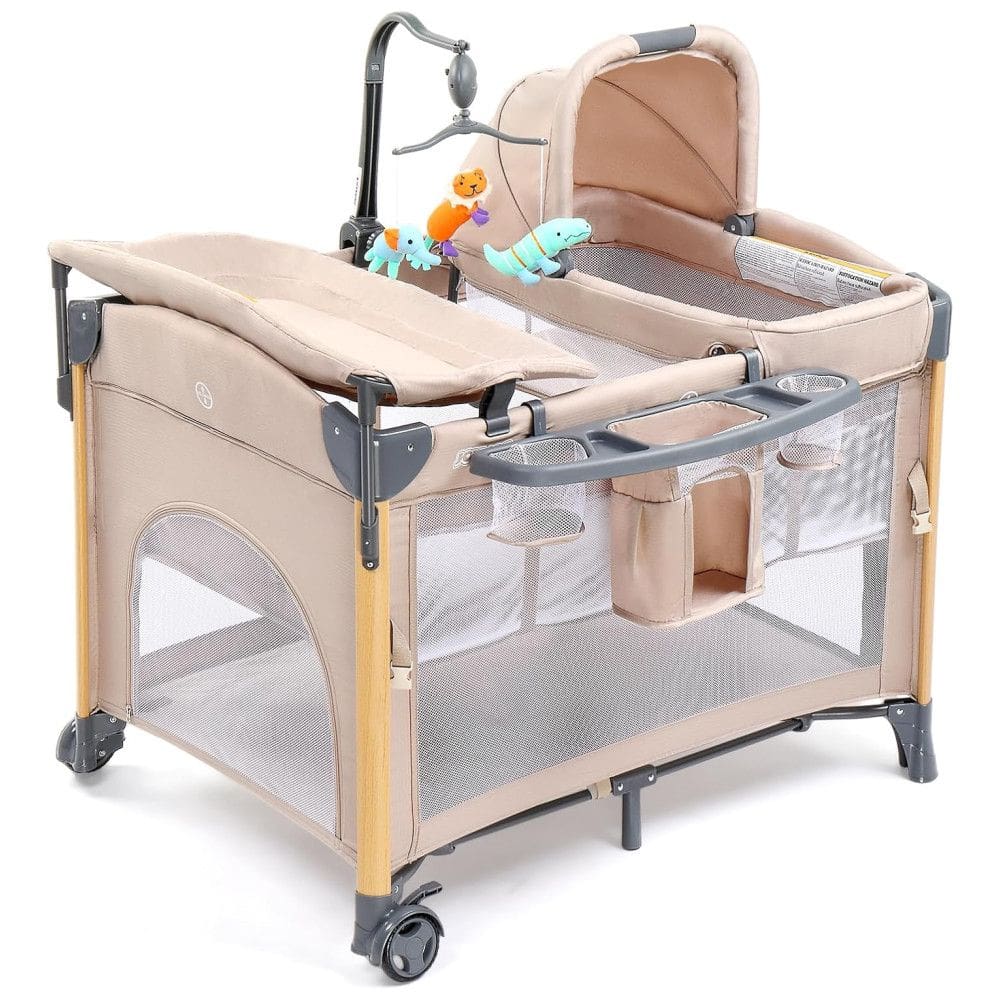 Berço Cercado Portátil com Trocador, Colchão, Lençol, Dossel, Prateleira e Brinquedo Suspenso, JOYMOR, Bege