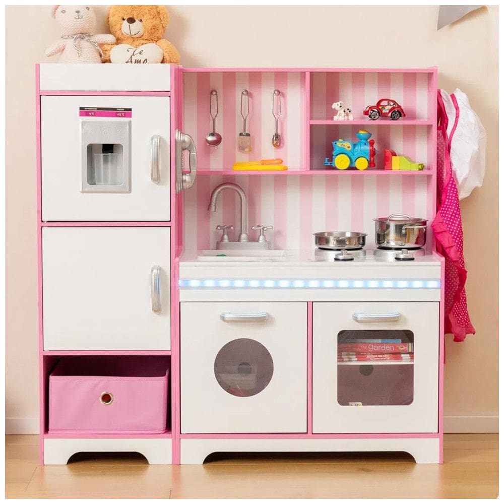 Cozinha Infantil com Luzes, Caixa de Armazenamento, Máquina de Fazer Gelo, Forno, Fogão e Utensílios de Cozinha, HONEY JOY, Rosa