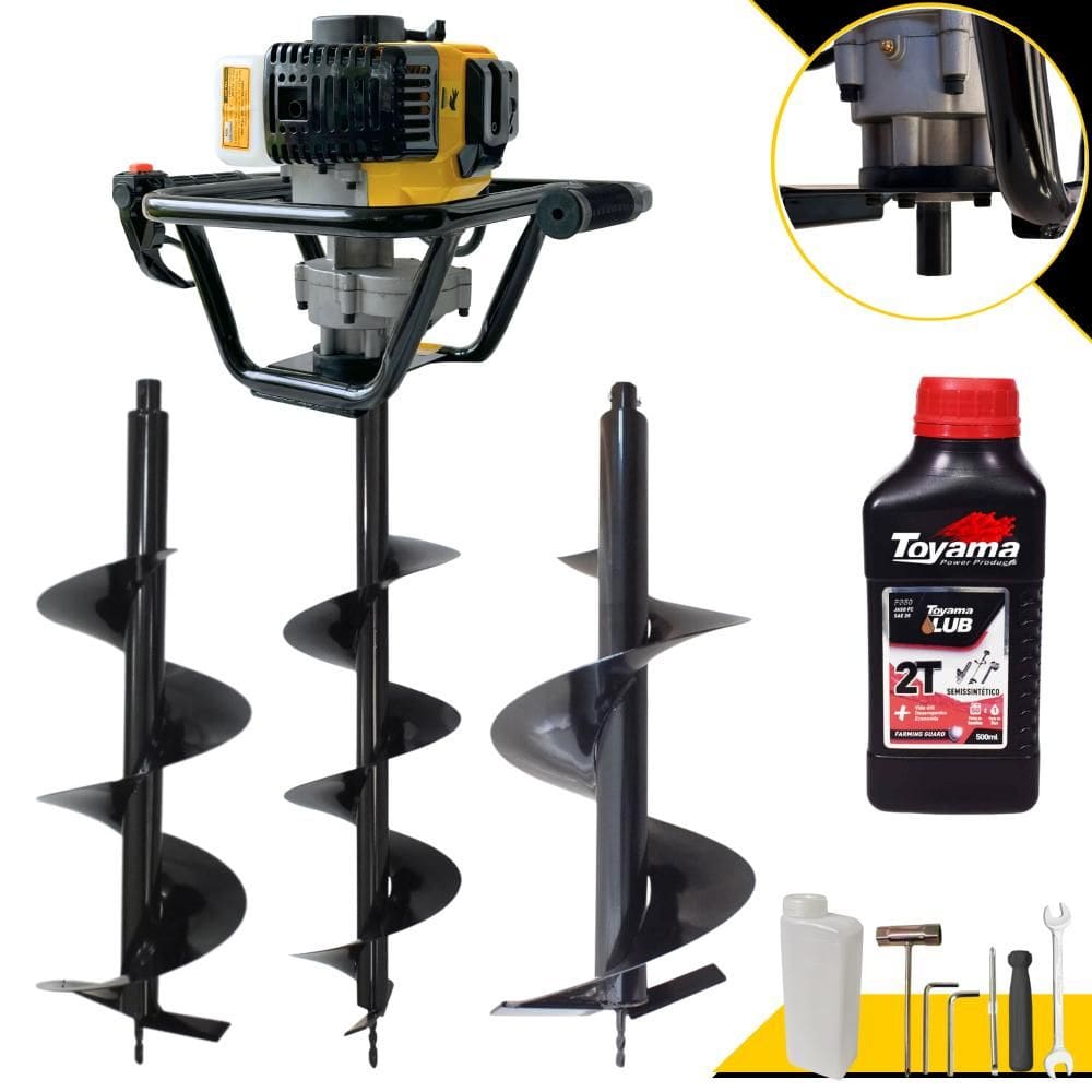 Perfurador de Solo Lynus PSL-517 À Gasolina Motor 2T 52cc 1,8HP 9.000rpm Empunhadura Ergonômica + Brocas 80x20, 80x25 e 80x30 + ÓLEO TOYAMA 2T