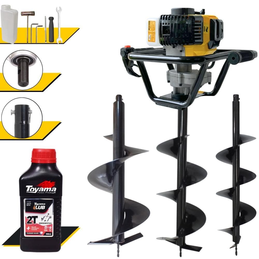 Perfurador À Gasolina Lynus PSL517 52cc 1,8HP 9.000rpm P/ Construção Civil e Mourões Com Brocas 80x20cm, 80x25cm e 80x30cm + EXTRA ÓLEO TOYAMA 2T