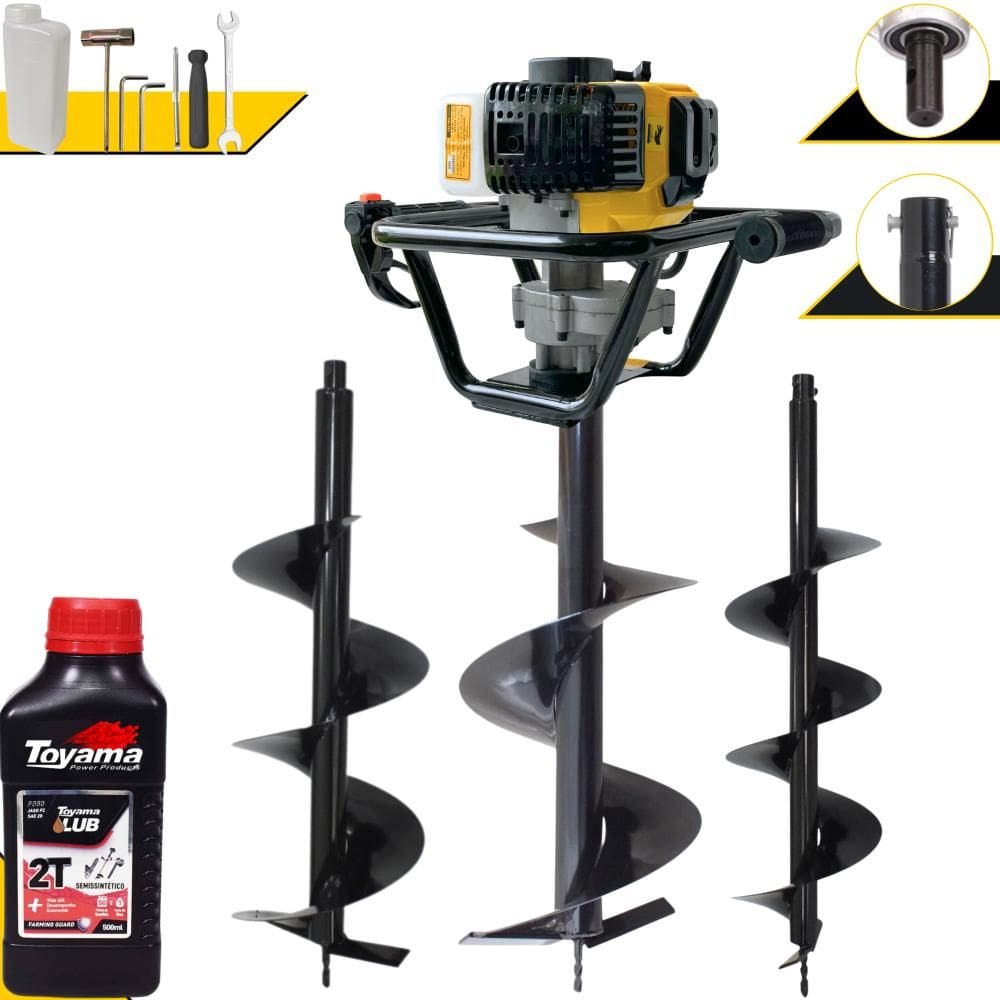 Polaca Cavadeira Motorizado Lynus PSL517 À Gasolina 2T 52cc 1,8HP Alta Rotação Perfurador Com Brocas 80x20cm, 80x25cm e 80x30cm + ÓLEO TOYAMA