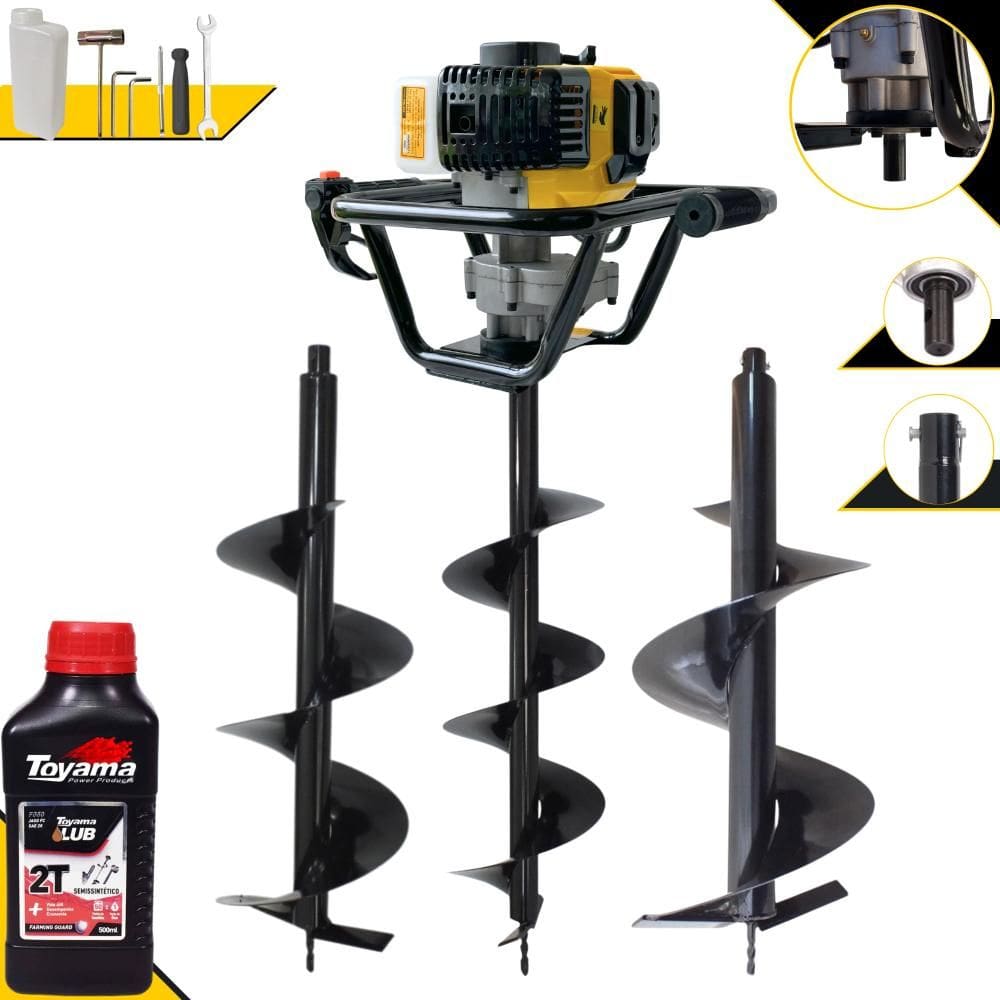 Máquina Fura Terra Perfurador de Solo Lynus PSL517 À Gasolina 2T 52cc 9.000rpm 1,8HP + Brocas 80x20cm, 80x25cm e 80x30cm + EXTRA 1 ÓLEO TOYAMA