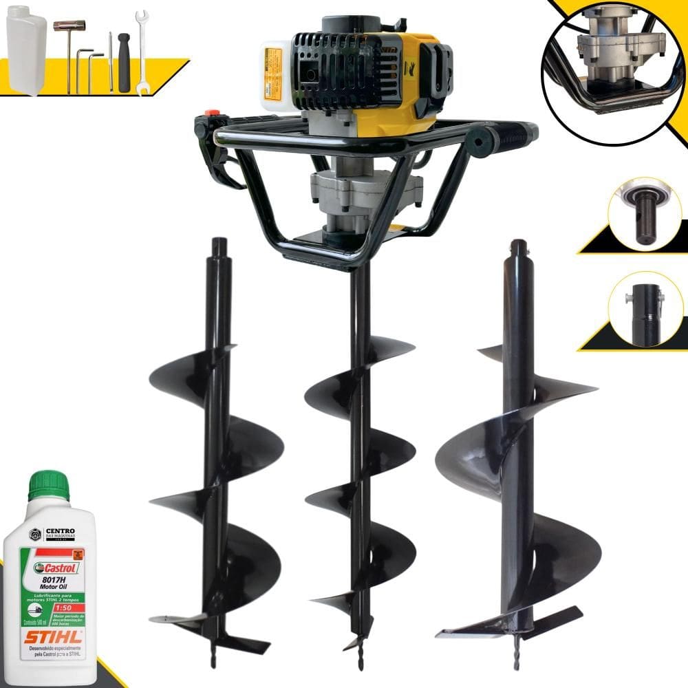 Perfurador de Solo Profissional Lynus PSL-517 À Gasolina 1,8HP de Potência 52cc 9.000rpm + Conjunto de Brocas 80x20, 80x25 e 80x30 + ÓLEO STIHL 2T