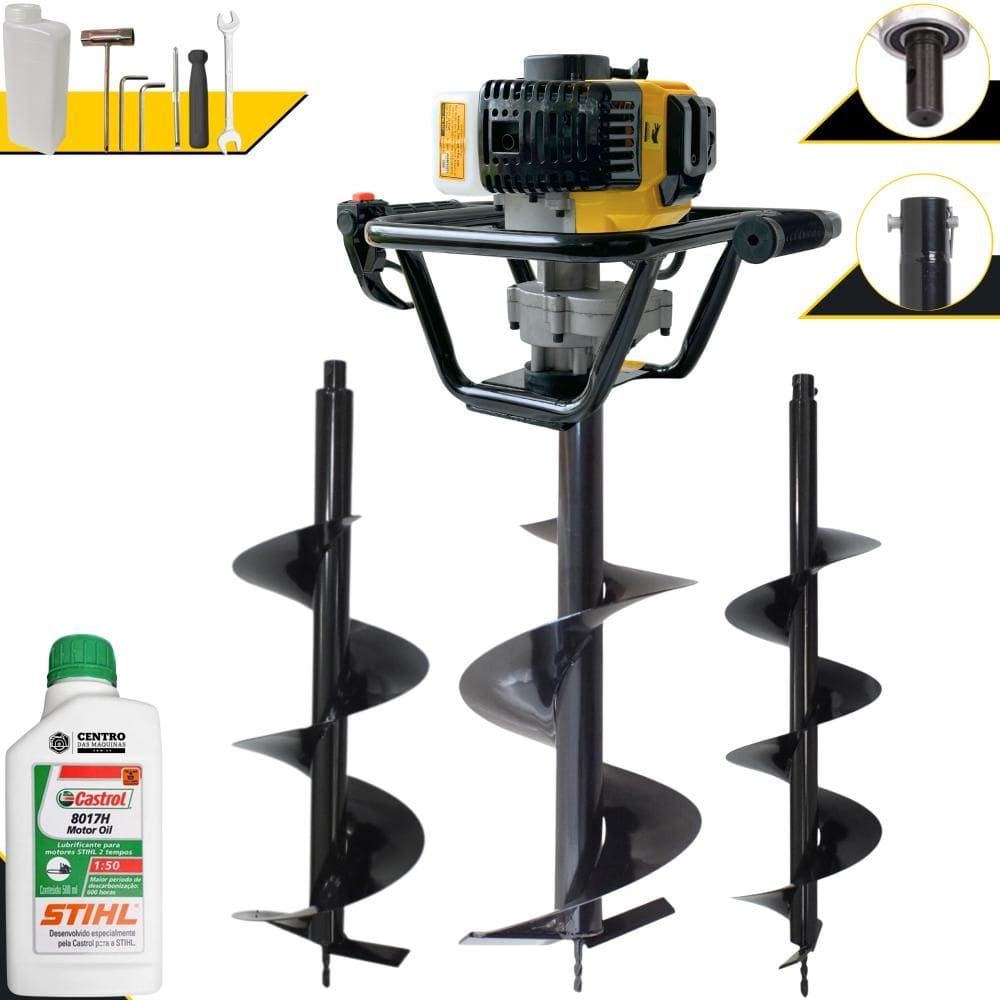 Trado Motorizado Lynus PSL517 À Gasolina 2T 52cc 1,8HP 9.000rpm Perfurador de Solo Profissional Com Brocas 80x20cm 80x25cm 80x30cm + ÓLEO STIHL 2T