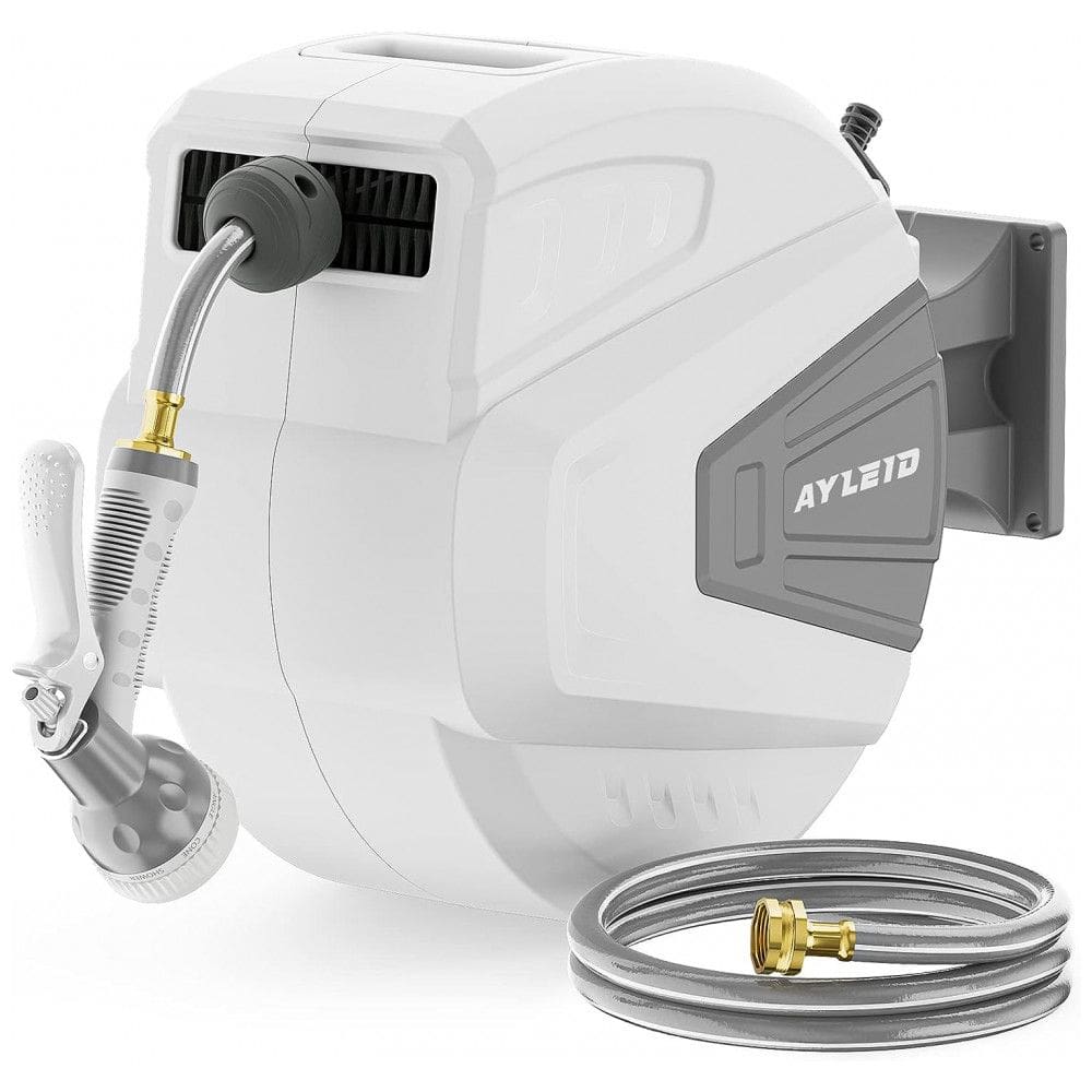 Mangueira de Jadim 30M com Enrolador Retrátil, Bico Pulverizador de 9 Funções, Trava de Qualquer Comprimento e Sistema de Retorno Lento