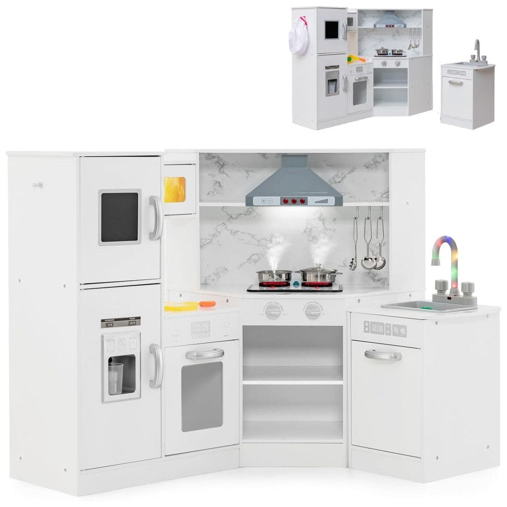 Cozinha Infantil em Madeira com Sons Realistas, Luz e Vapor para Crianças Acima de 3 Anos, Costzon, Branca