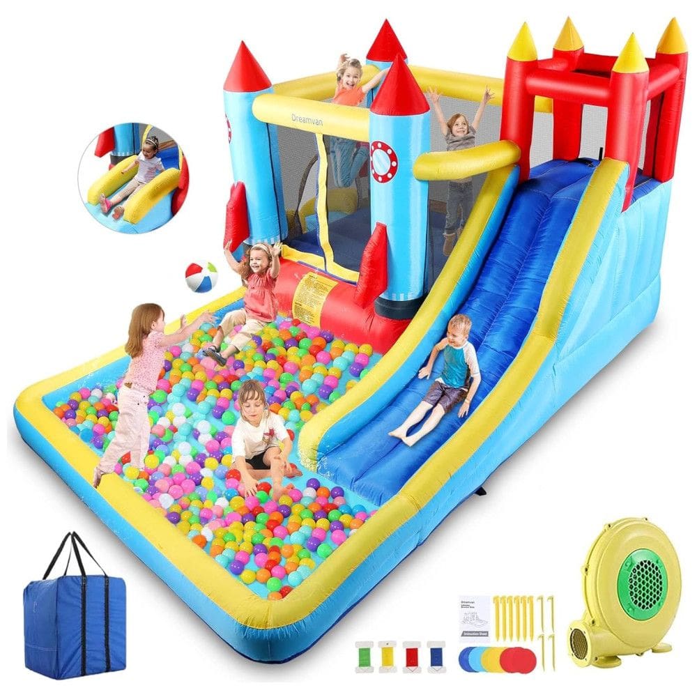 Parque Aquático Inflável com 2 Escorregadores, Parede de Escalada e Piscina de Bolinhas para Crianças Acima de 2 Anos, AKEYDIY, Colorido