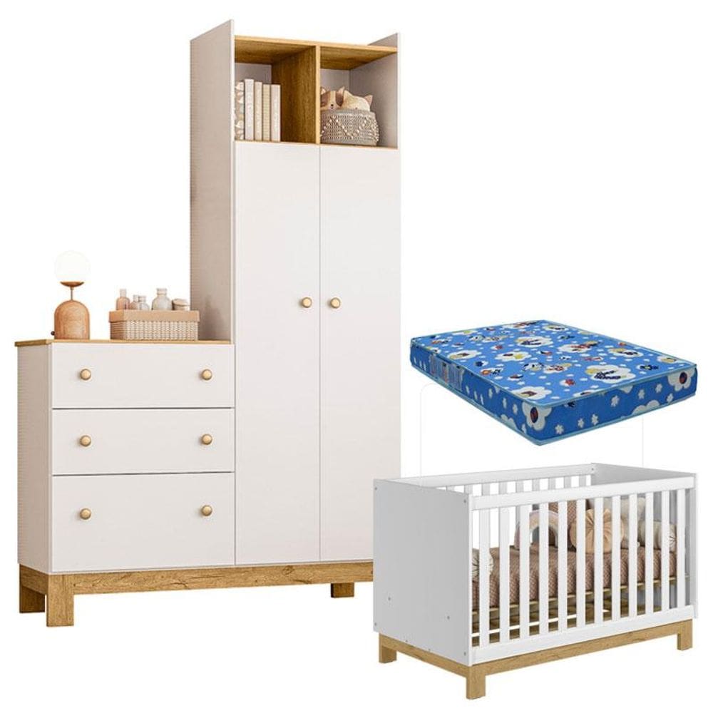 Berço Americano 4315 Mini Cama e Guarda Roupa com Cômoda Q Encanto Slim 4970 Branco Acetinado com Colchão Tend Tudo – Qmovi