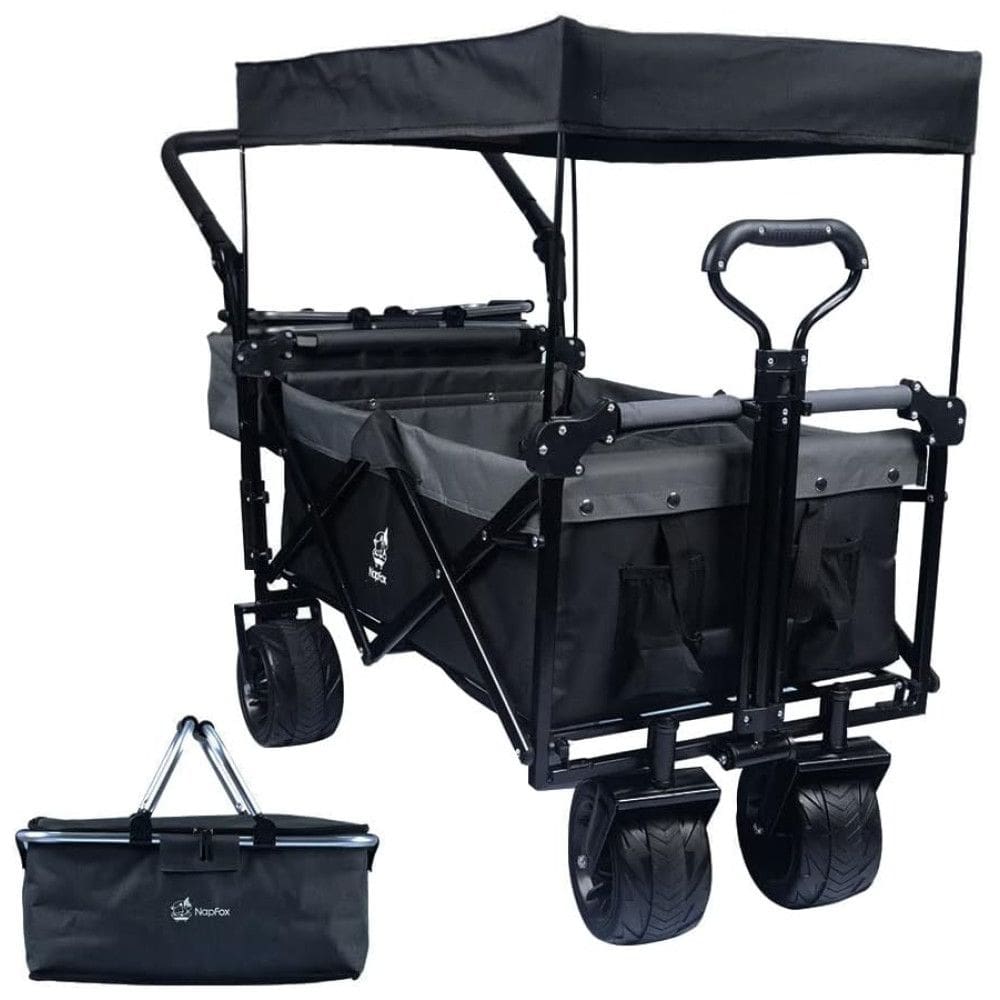 Carrinho Vagão Dobrável Multifuncional com Dossel Removível e Armazenamento, Napfox, Preto