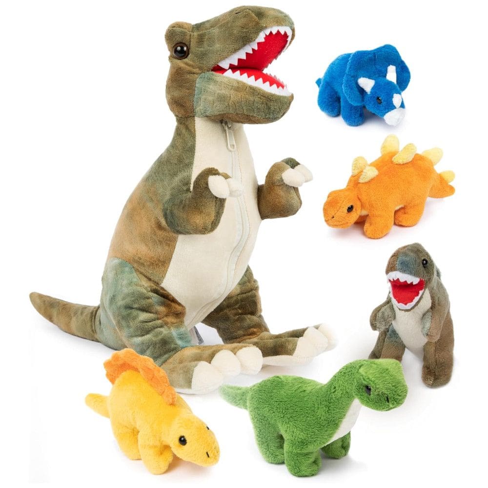 Kit 4 Dinossauros de Pelúcia T Rex com Bolsa Temática de Armazenamento para Crianças Acima de 3 Anos, Prextex
