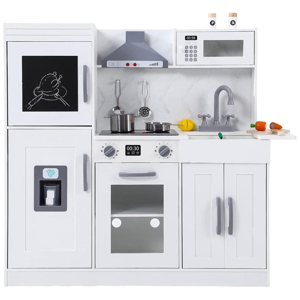 Cozinha Infantil em Madeira com 20 Acessórios, Máquina de Gelo, Micro-Ondas, Forno, Exaustor, Pia, Luzes e Sons Realistas, Bophy, Branca