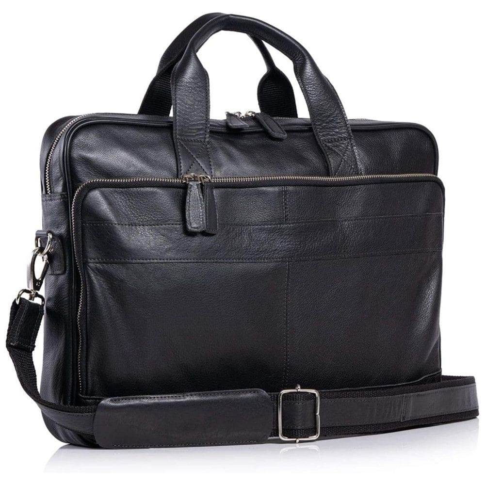 Bolsa Carteiro Masculina Couro de Búfalo para Laptop com 18 Polegadas e Fecho em Zíper de Metal, Komal`s Passion Leather, Preta
