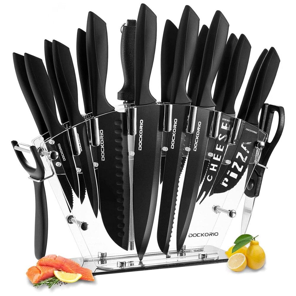 Dockorio Conjunto de Facas em Aço Inoxidável com Bloco de Bancada, 19 Peças, Preto