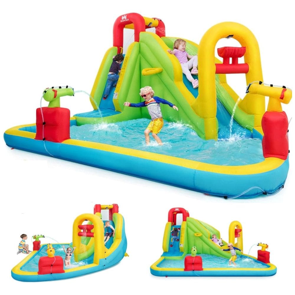 Parque Aquático Inflável até 160 kg com Escorregador, 2 Canhões de Água e Escalada em Parede, BOUNTECH, Colorido