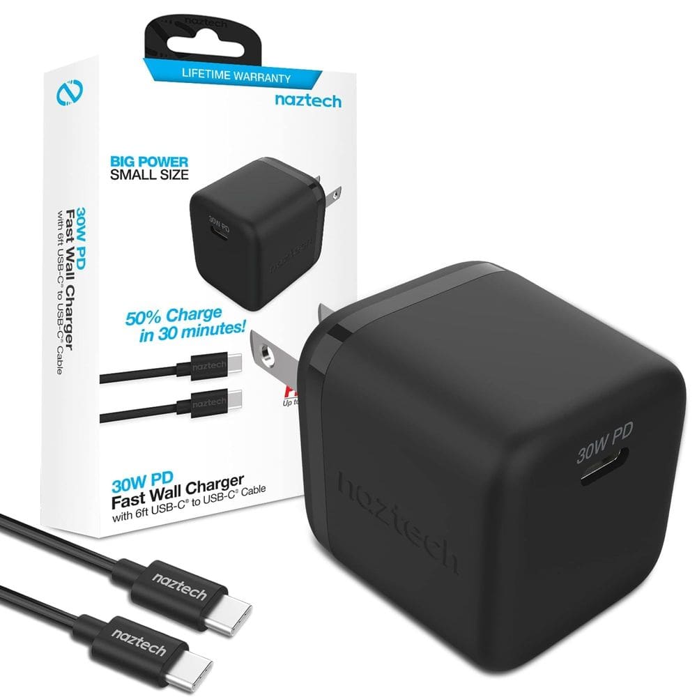 Carregador de parede USB-C PD 30W + cabo de carregamento de 6 pés Naztech