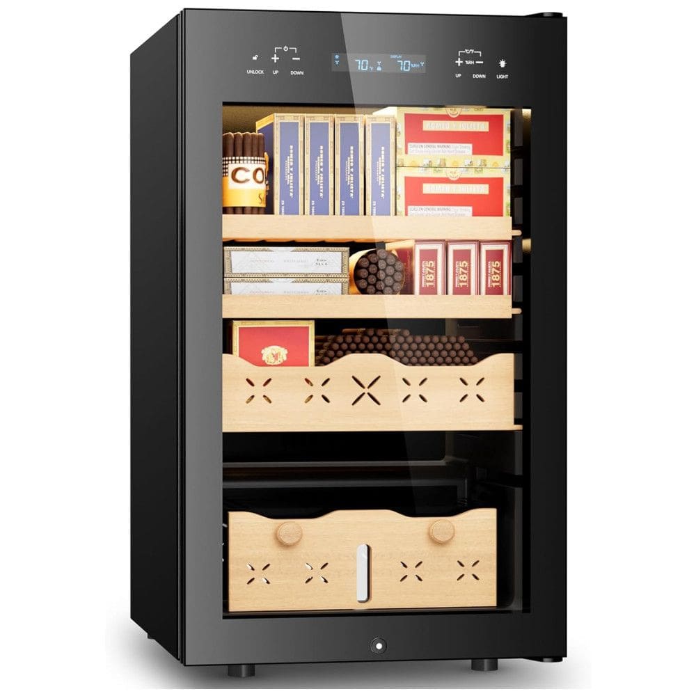 Umidor para Charutos Elétrico 65L com Capacidade para 500 Charutos, Gaveta de Madeira em Cedro Espanhol e Display Digital LED, 110V, Mojgar