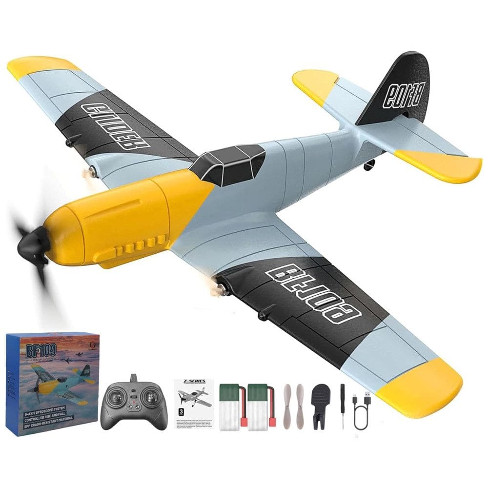 Avião de Controle Remoto com Sistema de Estabilização Xpilot e Giroscópio 6 Eixos de 2,4 GHz, OMNANGO BF109, Amarelo e Azul