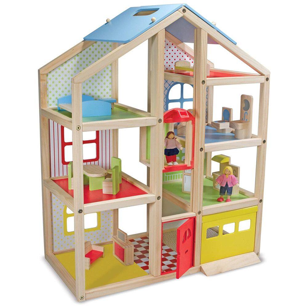 Casa de Bonecas em Madeira Escala 1:12 com 15 Peças de Mobília, Garagem e Elevador, Melissa & Doug