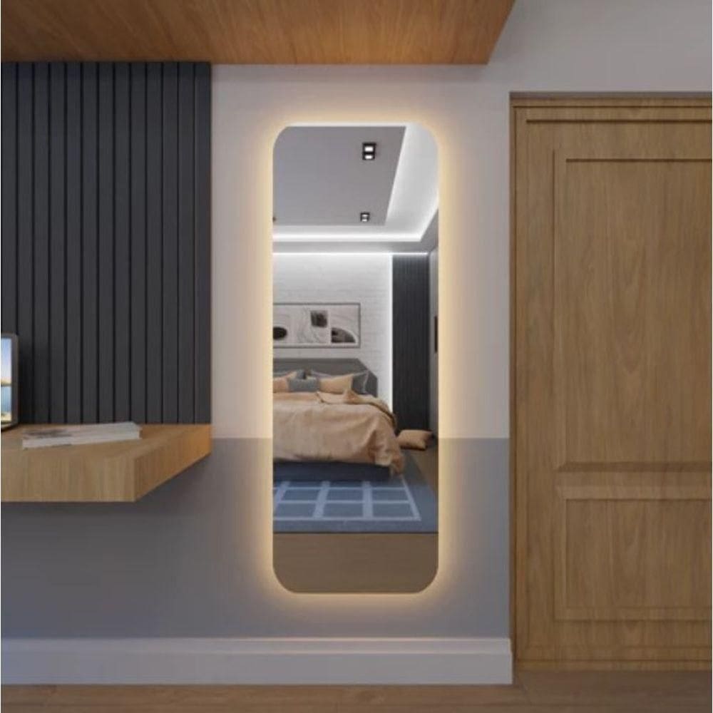 Espelho Brillare Corpo Inteiro Retangular Com LED 170cm x 70cm Quarto Sala Grande Moderno Branco Quente