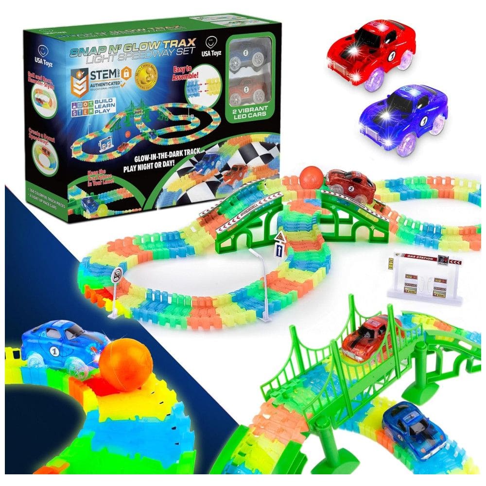 Pista de Corrida STEM Arco Iris Dobrável com 360 Peças, Inclui 2 Carros Iluminados, USA Toyz.