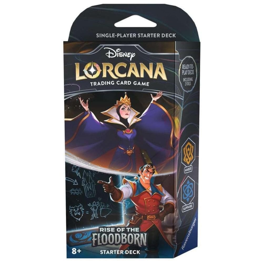 Jogo de Cartas Disney Lorcana Rise of the Floodborn TCG Starter Deck Âmbar e Safira para Crianças de 8 Anos ou Mais