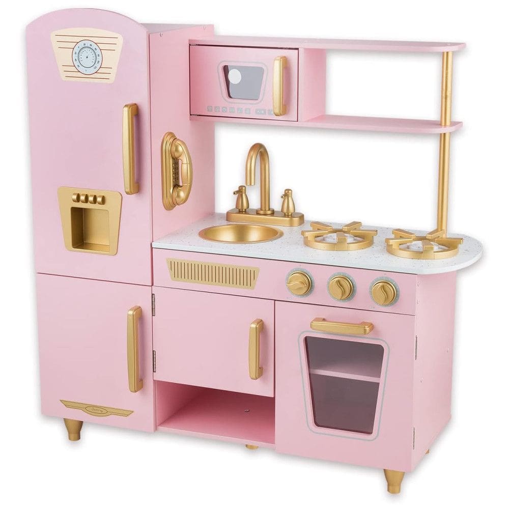 Cozinha Infantil em Madeira com Telefone, Micro-Ondas, Geladeira, Torneira e Pia Realistas para Crianças Acima de 3 Anos, WoodenEdu
