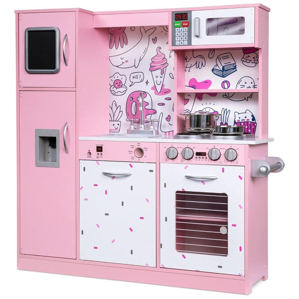 Cozinha Infantil em Madeira com Micro-ondas, Máquina de Gelo a Bateria e Som Realista, Lil Jumbl, Rosa