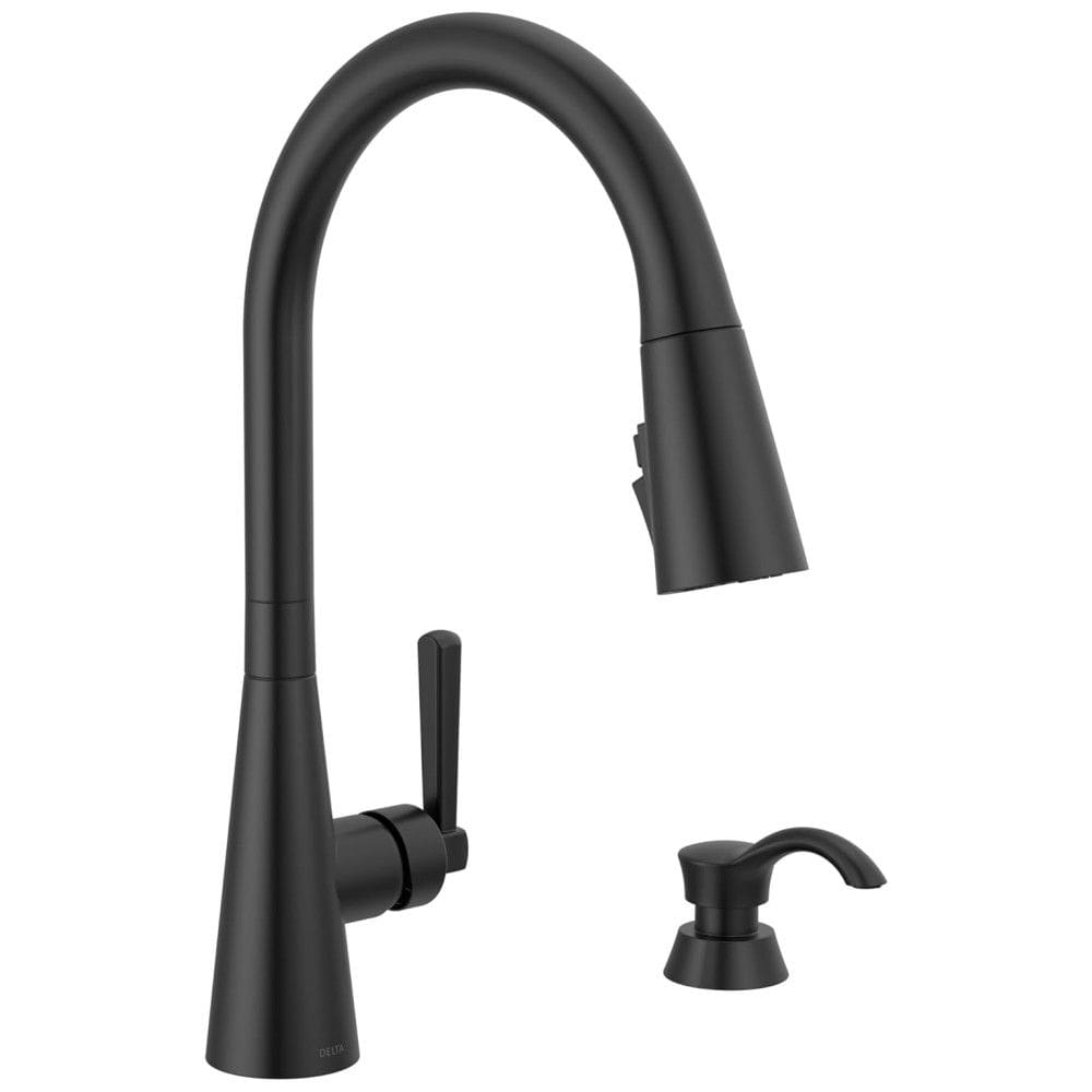 Torneira Cozinha com Dispensador de Sabão e Pulverizador Pull Down de Ancoragem Magnética, Delta Boyd, Preto Fosco
