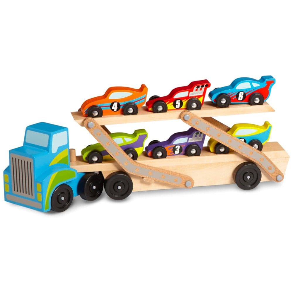 Caminhão Transportador de Carros de Corrida, Trator e Trailer de Madeira com 6 Carros Exclusivos, Melissa & Doug