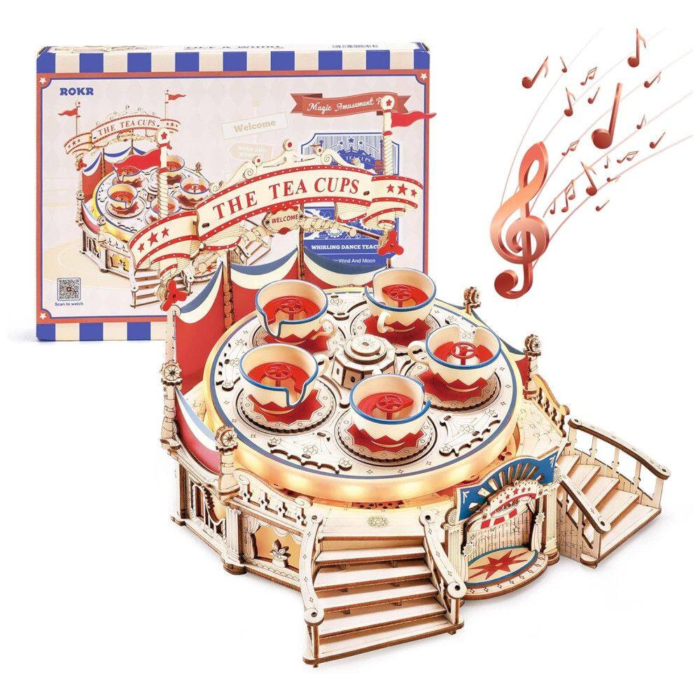 Quebra Cabeças 3D em Madeira para Adultos, Tema Caixa de Música Xícaras de Chá Giratórias com 280 Peças, ROKR RL-EA04, Marrom e Vermelho