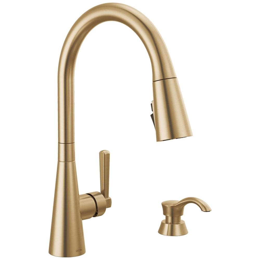 Torneira Cozinha com Dispensador de Sabão e Pulverizador de Ancoragem Magnética, Delta Boyd 19893Z-CZSD-DST, Champagne Bronze