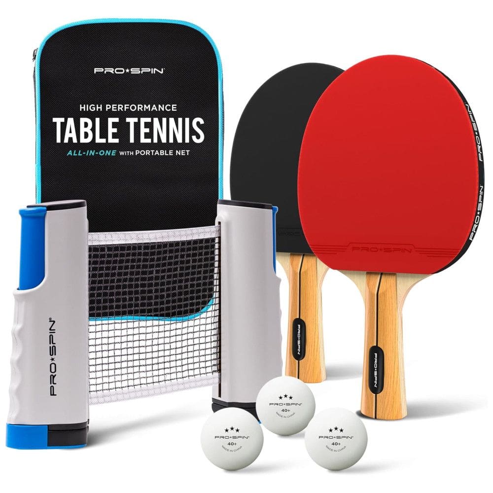 PRO SPIN Kit de Ping Pong com Mesa Portátil, 2 Raquetes, 3 Bolas e Estojo Compacto, Vermelho, Preto